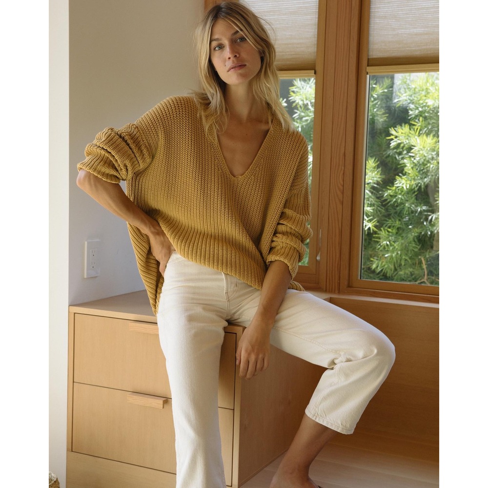 Jenni Kayne | Organic Cotton Blend Cabin Sweater Mustard Yellow Oversized XS